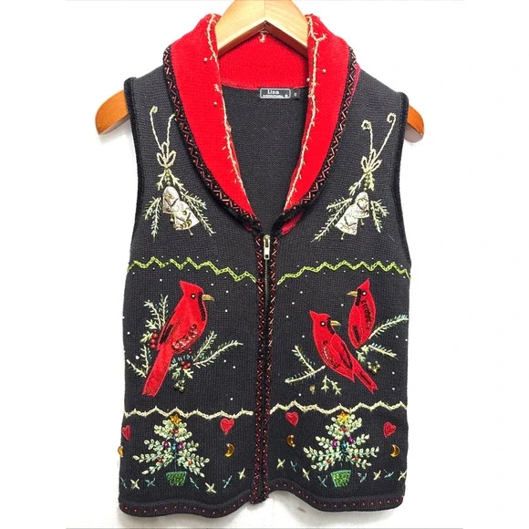 Christmas Holiday Sweater Vest Women’s Size Small Red Cardinals Embellished EUC - Picture 2 of 11